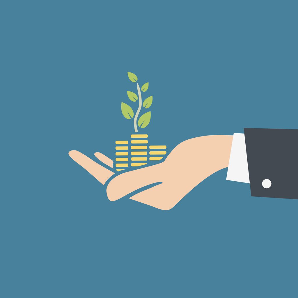 Vector illustration of human hand holding stacks of coins and growth plant.