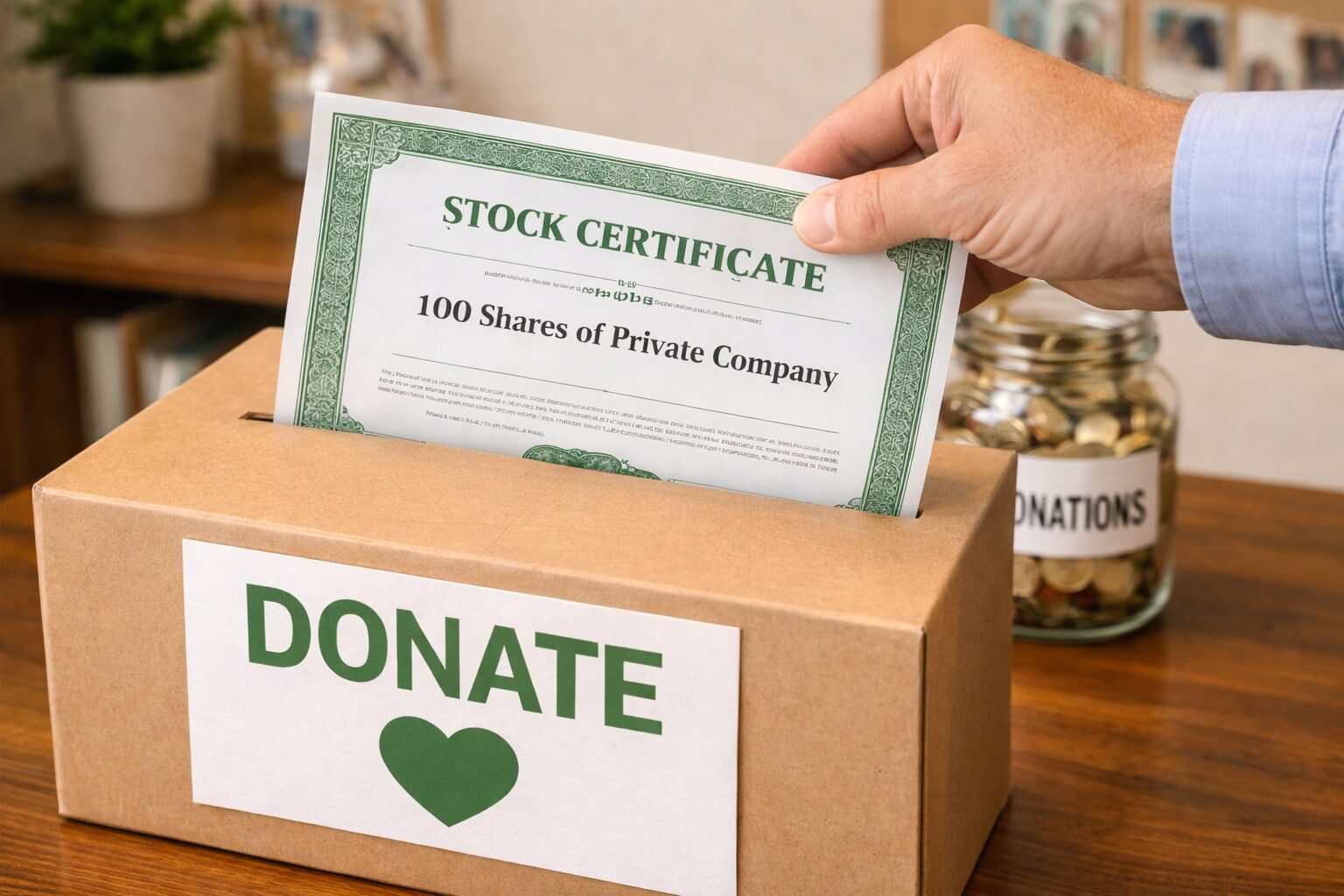 stock certificate getting dropped into a donation box